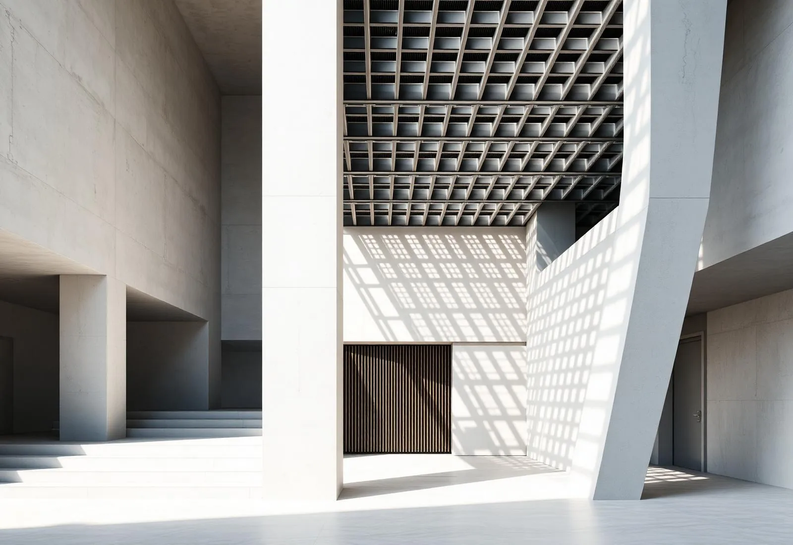 Architettura contemporanea con struttura reticolare e luce naturale